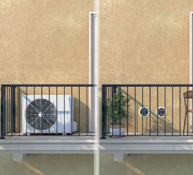 Vergleich: klassische Außeneinheit auf Balkon und zwei dezente Lüftungsgitter einer Klimaanlage ohne Außengerät